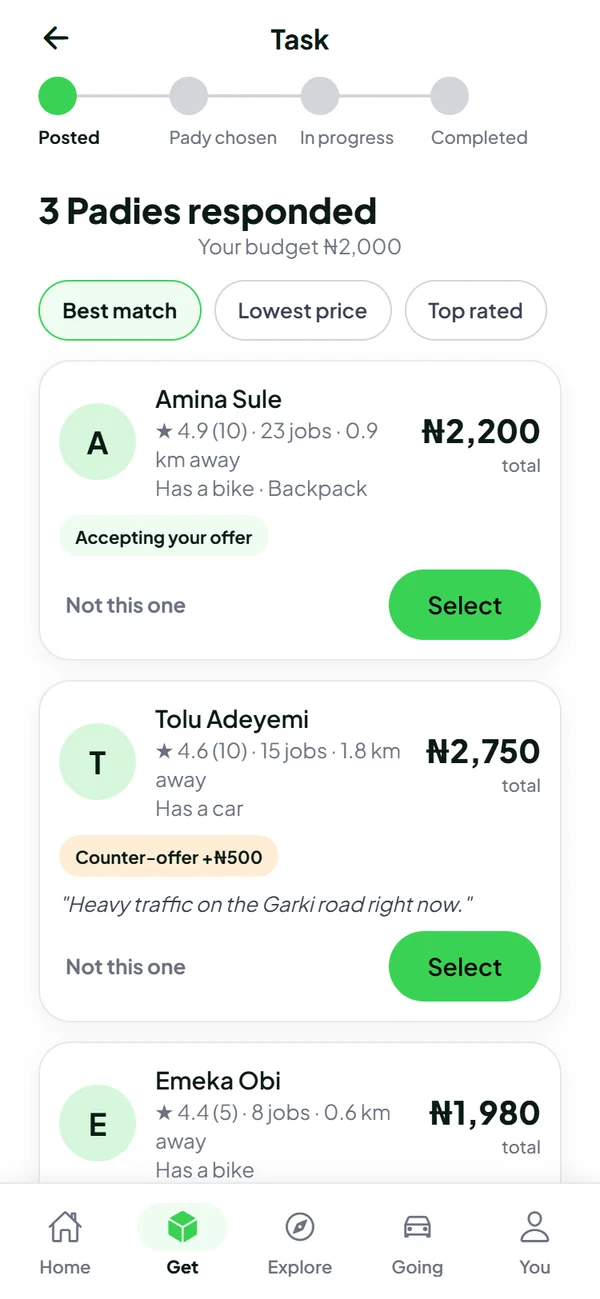 Comparing offers from Padies in the GetPady app